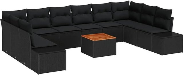 vidaXL Garten-Sofa-Set aus Poly-Rattan in Schwarz mit Kissen und Tisch, 11-teiliges U-Shape Lounge-Set mit Stahlrahmen und Akazienholz - Bild 1