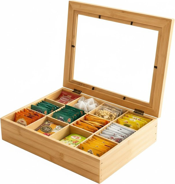 Relaxdays Teebox aus Bambus in Natur mit 12 Fächern, B/T/H: 28 x 8 x 23 cm - Bild 1