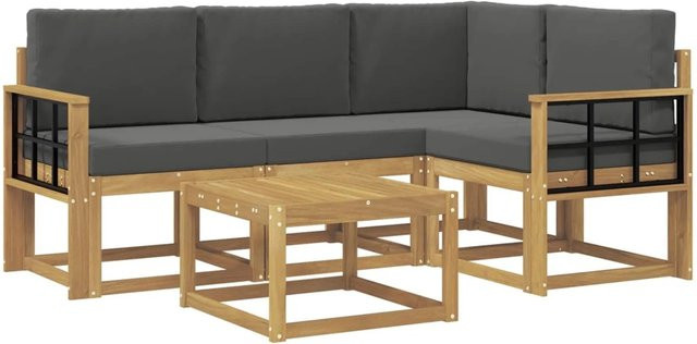 vidaXL Outdoor-Sofagarnitur in L-Form aus Akazienholz mit Kissen, 5-teilig, Anthrazit-Weiß - Bild 1