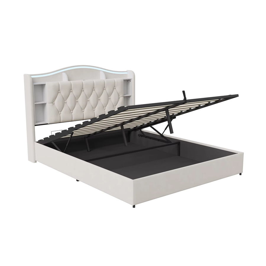 Superaly LED-Doppelbett mit Stauraum und USB-Anschluss, gepolstertes hydraulisches Bett aus Samt in Beige, B/T: 140 x 190 cm - Bild 3