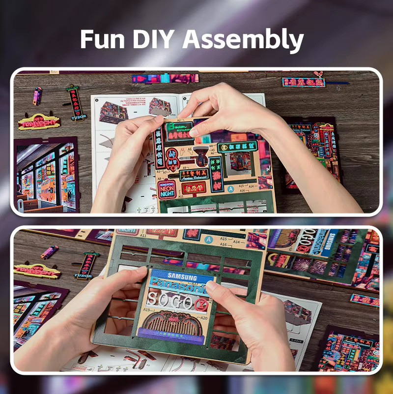 CUTEBEE DIY Mini-Buchstütze Hong Kong Neon-Nacht als leuchtende Schreibtischdekoration in Multicolor aus Holz - Bild 5
