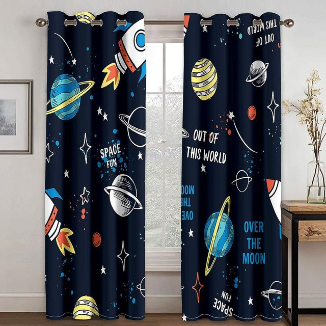 A Family Of Home Textiles Semi-transparente Fenstervorhänge für Kinder mit 3D-Cartoon-Weltraum-Motiv, Blau, 2 Paneele, Breite: 135 cm, Höhe: 165 cm - Bild 1