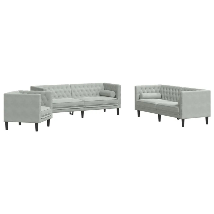vidaXL 3-teiliges Chesterfield-Sofa-Set aus Samt in Hellgrau mit 3-Sitzer-Sofa, 2-Sitzer-Sofa, Sessel und Nackenkissen - Bild 2