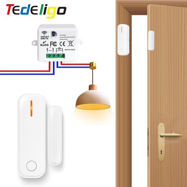 Tedeligo Drahtloser Fenster und Tür Sensor mit 433 MHz Relais Empfänger für Licht, Dunstabzugshaube und Abluftventilator, Farbe: Weiß - Bild 1