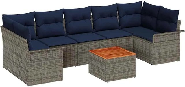 vidaXL Gartensofa-Set 8-teilig aus Poly-Rattan in Grau und Marineblau mit Polsterung und Tisch - Bild 1