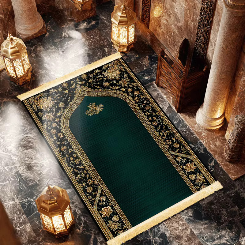 VIKAMA Gebetsteppich mit Palast-Muster in Smaragd und Gold, Plüsch-Samt Anbetungsmatte mit Quastenrand für dein Zuhause und Schlafzimmer - Bild 2