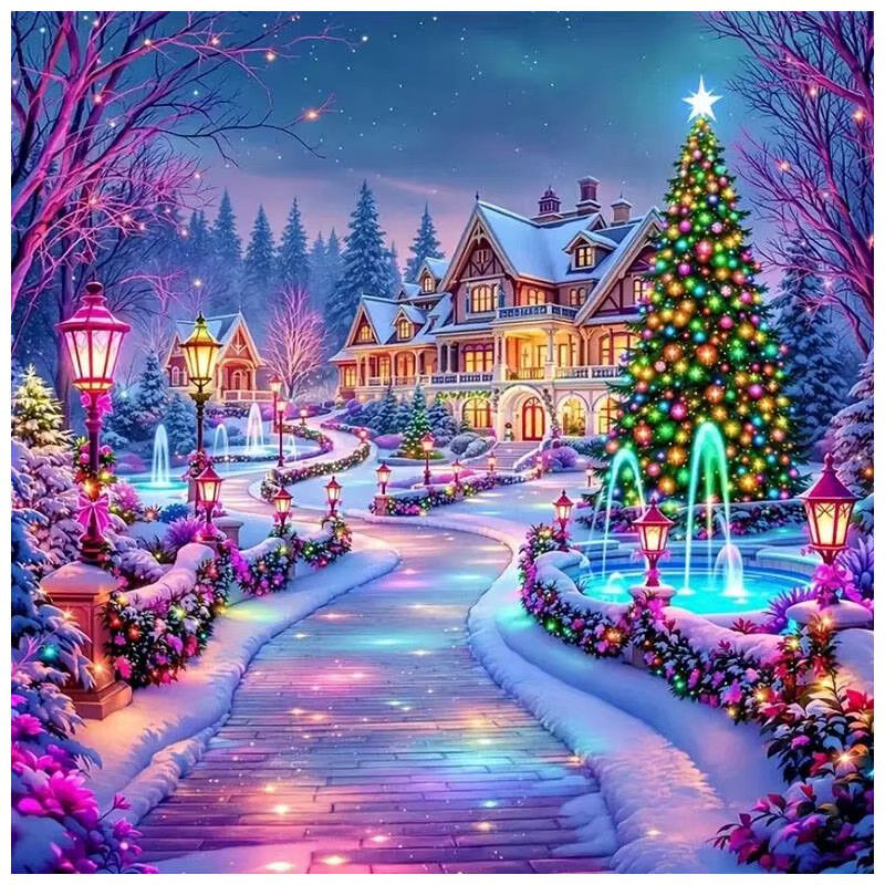 HUACAN Diamant-Gemälde Weihnachten Landschaft Mosaikhaus Stadtstraße mit Strasssteinen, 20 x 20 cm - Bild 4
