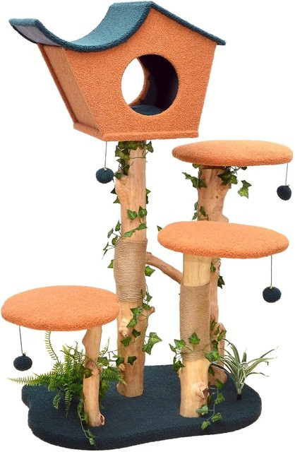 Fudajo Kratzbaum mit Pflanzendeko und Höhle in Orange, Höhe: 135 cm - Bild 1