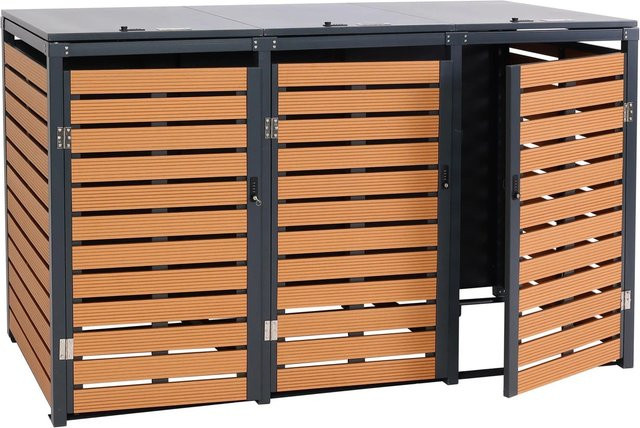 MCW 3er Mülltonnenverkleidung K14 Mülltonnenbox aus WPC und Metall in Teak-Optik B/T/H: 119 x 205 x 84 cm - Bild 2