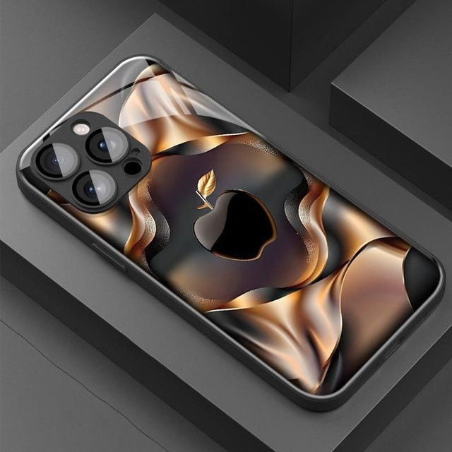 Handyhülle aus Glas mit Apfelmuster in Schwarz und Gold für iPhone 11 bis iPhone 17 Pro Max - Bild 1