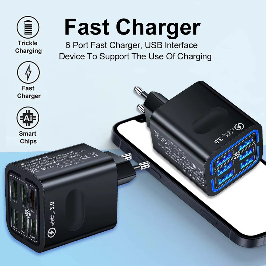 GUSEYEE 100 W USB-Ladegerät mit 6 Ports für Schnellladung von iPhone, Samsung und Xiaomi mit EU, US und UK Steckern - Bild 2