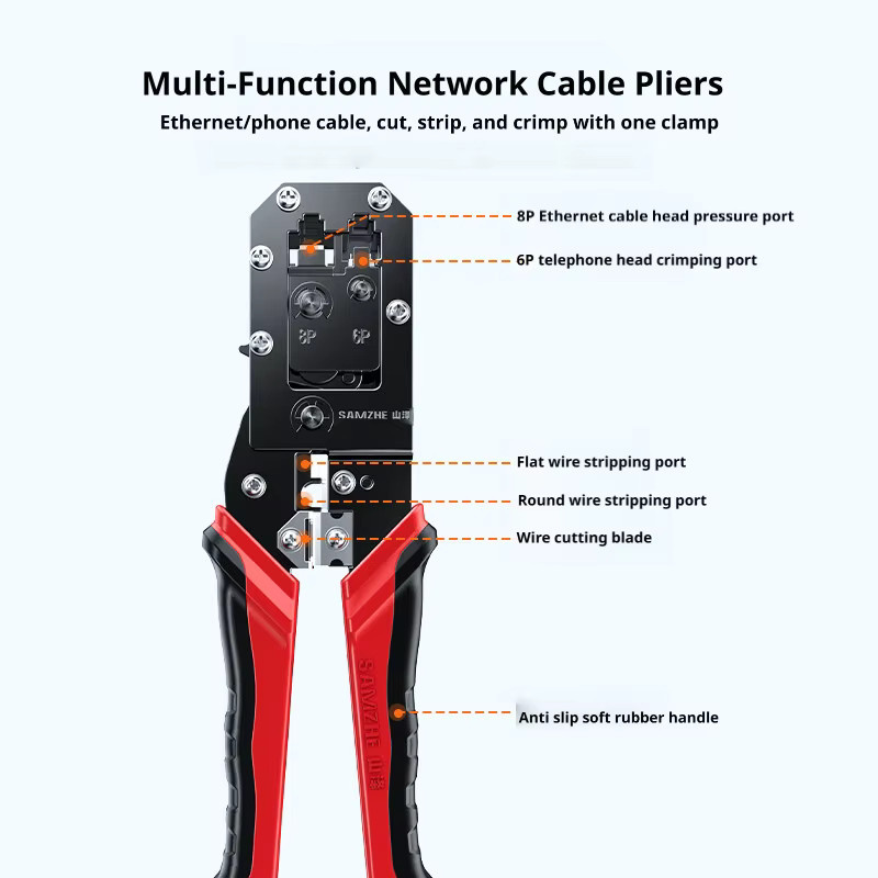 SAMZHE 11-in-1 Ethernet-Werkzeugset für CAT6/CAT5e RJ45-Stecker inklusive Abisolierzange, Punch-Down-Werkzeug und LAN-Kabeltester für Netzwerkinstallationen - Bild 3