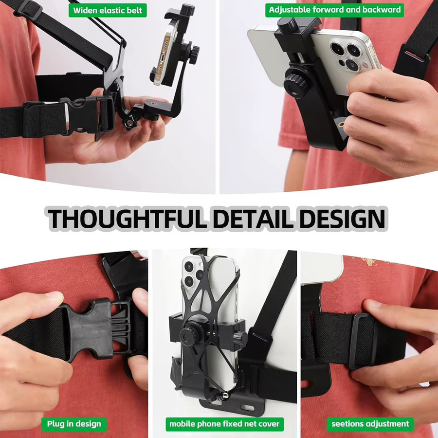 EXSKOF 6-in-1 Brustgurt Halterung mit Telefon Clip für iPhone, Samsung, Huawei und Action Kameras wie GoPro, SJCAM, AKASO, Insta360 oder Osmo Action in Schwarz - Bild 3