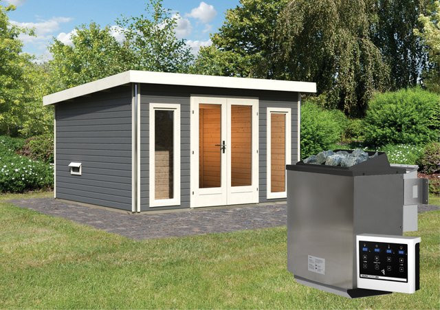 Saunahaus MAINBURG 2 mit Vorraum in Terragrau inklusive BioKombiofen 9.0 kW, Steuergerät und Set B mit 3 Liegen, B/T/H: 369 x 309 x 225 cm und Saunafläche 225 x 190 cm - Bild 1