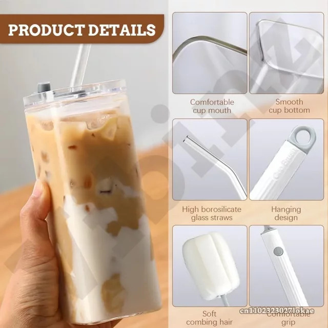XMSJ Tragbarer Glas-Kaffeebecher mit Deckel und Trinkhalm, transparent, 350 ml - Bild 1