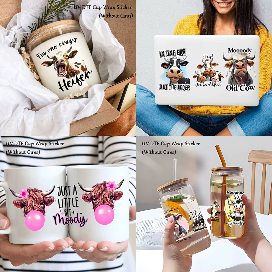 4er-Set UV DTF Tassen-Wraps mit lustigen Kuh-Motiven, wasserdichte selbstklebende Transferaufkleber für Becher und Wasserflaschen, Mehrfarbig - Bild 5