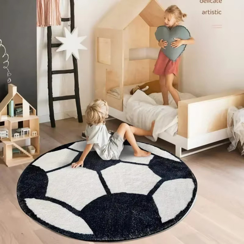 DHDH Fußballteppich in Schwarz-Weiß mit Sportmotiv als runder Teppich für Kinderzimmer, Wohnzimmer oder Schlafzimmer - Bild 3