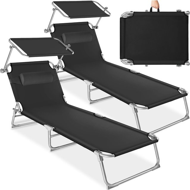 tectake 2er Set Sonnenliege klappbar mit Sonnendach und verstellbarem Kopfpolster Schwarz B/T/H: 190 x 68 x 111 cm - Bild 1