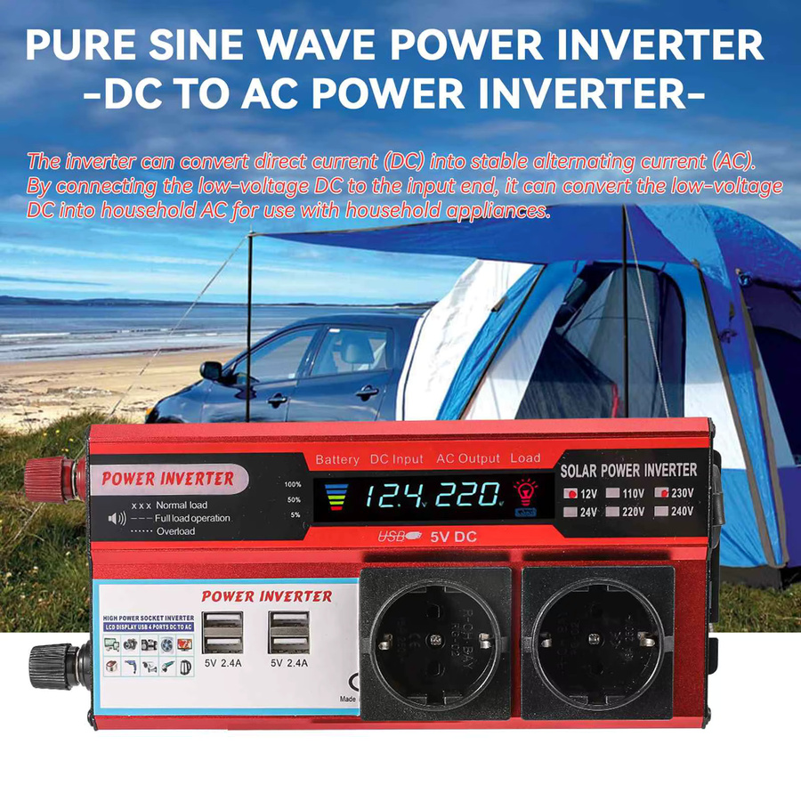 Romancom Stromwechselrichter 12V DC zu 220V/230V AC Konverter mit LED-Anzeige, 4000W/3000W Auto-Spannungswandler in Schwarz mit doppelter EU-Steckdose, USB-A und USB-C Anschlüssen für Wohnmobil, Auto und LKW - Bild 5