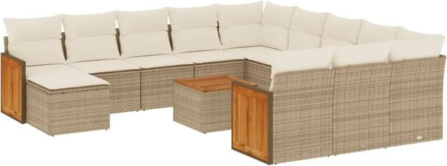 vidaXL 13-teilige Garten-Sofagarnitur aus Poly-Rattan und Akazienholz in Beige mit Kissen - Bild 1