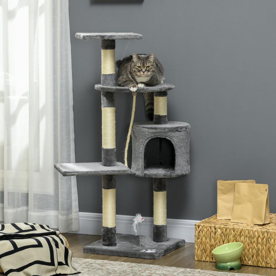 PawHut Kratzbaum für Katzen von Aosom in Dunkelgrau mit Höhle, Sisalkratzpfosten und integrierten Spielzeugen, Höhe: 116 cm - Bild 2