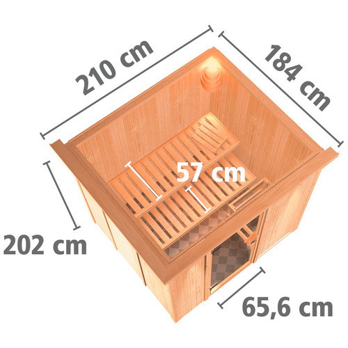 Karibu Sauna Rakvere aus Fichtenholz in Beige inklusive 9 kW Saunaofen mit externer Steuerung für 3 Personen, B/T/H: 210 x 184 x 202 cm - Bild 2