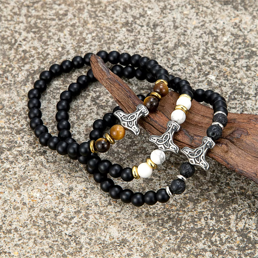 Perlenarmband Edelstahl, Mjölnir Thor Hammer, Naturstein, Schwarz, Unisex - Bild 1