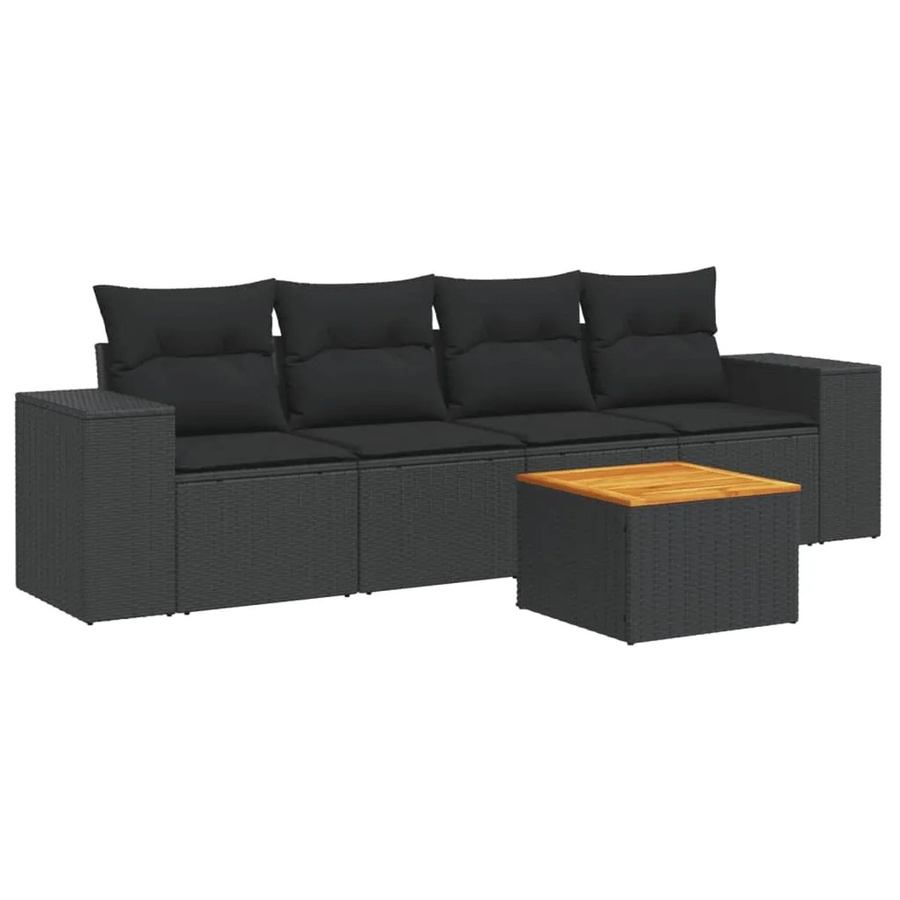 vidaXL 5-tlg Garten-Sofagarnitur Modell 50 aus Poly-Rattan und Akazienholz in Schwarz mit Kissen - Bild 2