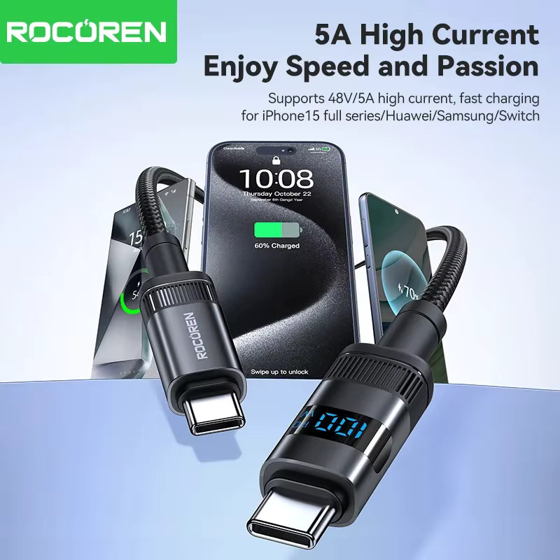 Rocoren USB Typ C Kabel mit Digital Display, 100 W 5 A PD 3.1 Schnellladekabel, Schwarz - Bild 2