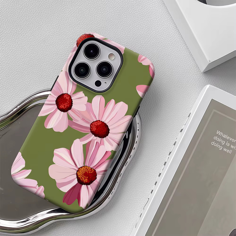 Handyhülle mit rosa Blumen auf grünem Hintergrund für Apple iPhone 17 16 15 14 13 12 Pro Max Plus mit doppelschichtiger Rückseite - Bild 5