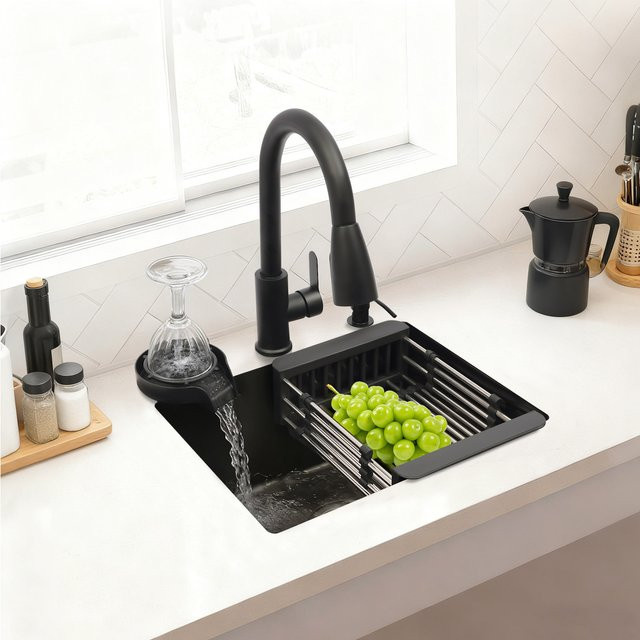 Multifunktionales Küchenspülbecken-Set aus Edelstahl in Schwarz mit ausziehbarer Armatur, Seifenspender, Becherreiniger und Abtropfkorb, B/T: 45 x 40 cm - Bild 1