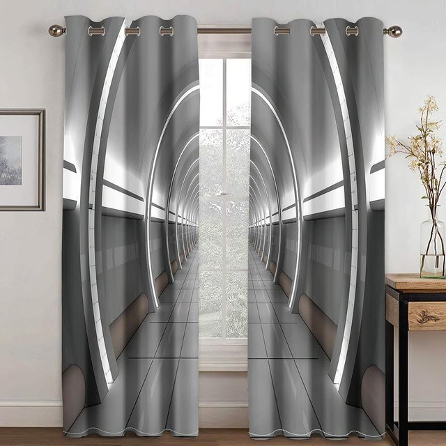 Astronauten und Raumschiff Motiv Fensterdekoration Set aus 2 Stück, halbtransparente Vorhänge mit Grafikprint in Grau, B: 50 cm, H: 130 cm - Bild 1