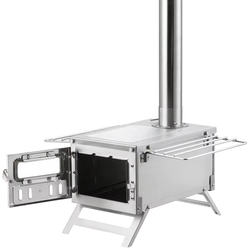 Tragbarer Edelstahl Campingofen für Outdoor-Kochen und Heizen in Schwarz und Silber mit Kaminrohren und Handschuhen - Bild 6