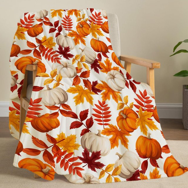 JMG Household Supplies Herbstliche Überwurfdecke aus Flanell mit Ahornblatt und Kürbis-Print, Multicolour, B/B: 130 x 150 cm - Bild 1