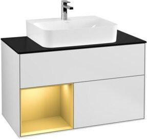 V&B Waschtischunterschrank Finion 100 in Weiß lackiert mit Regalfach links und goldenen Details, B/T/H: 100 x 50,1 x 50,1 cm - Bild 1