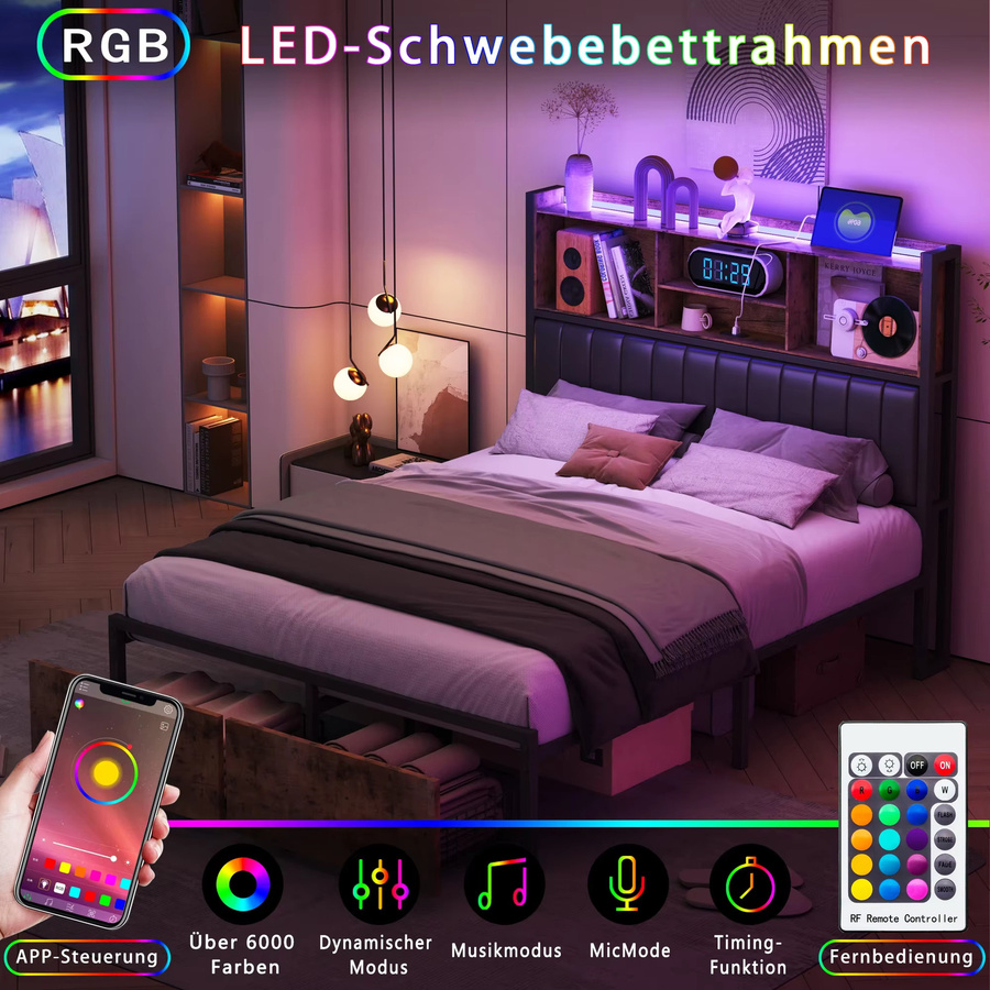 Anajqaqia Doppelbett im Industriestil aus Metall und Holz mit LED-Beleuchtung, 2 Schubladen und Stauraum im Kopfteil, Schwarz, B/T/H: 140 x 200 cm - Bild 5