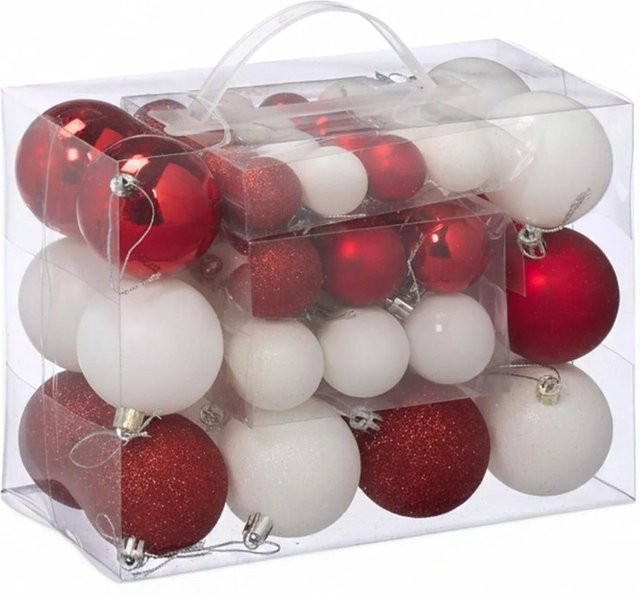 Relaxdays Weihnachtskugeln aus Polystyrol in Weiß und Rot, glänzend, matt und glitzernd, 50er Pack - Bild 1