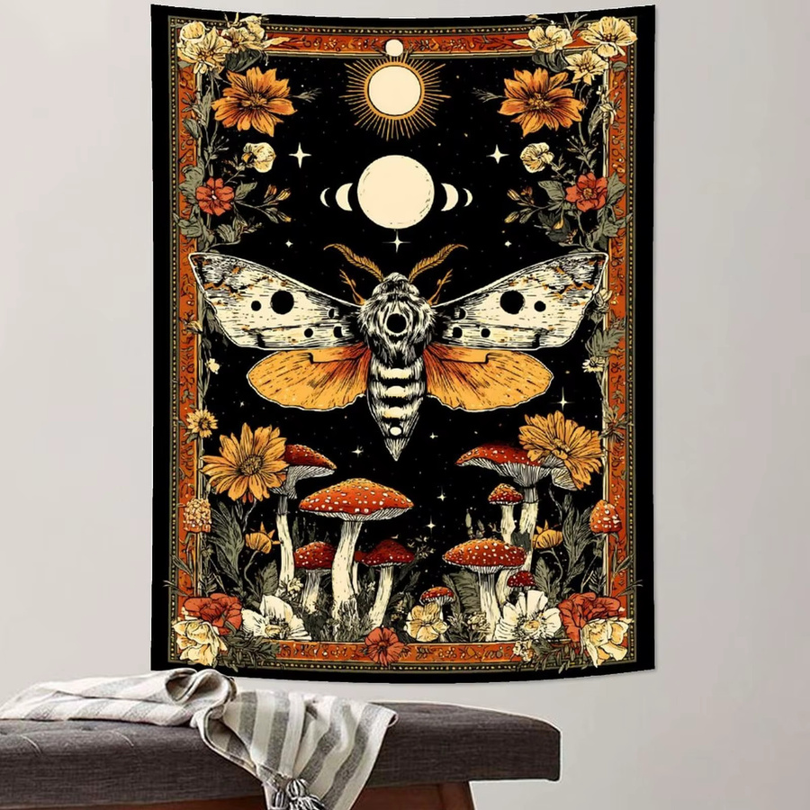 VIKAMA Retro Wandteppich mit Tarot, Motten und Mondphasen in Multicolour, mystischer Wandbehang für dein Schlafzimmer oder Wohnzimmer, B/H: 60 x 40 cm - Bild 3