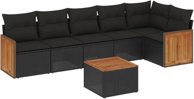 vidaXL 7-tlg Garten-Sofagarnitur in L-Form aus Polyrattan und Akazienholz mit Kissen, Schwarz - Bild 1
