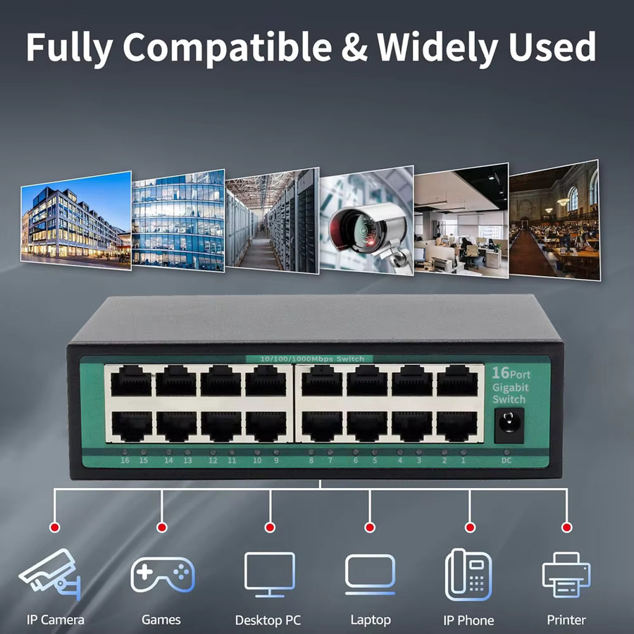 Tellyee 16-Port Gigabit Ethernet Switch 10/100/1000Mbps Netzwerk-Switch Schwarz - Bild 2