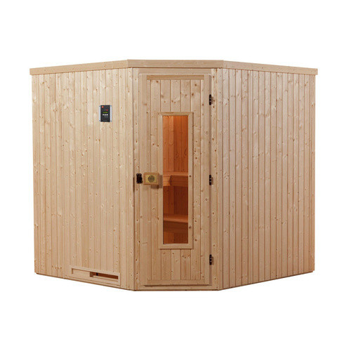 WEKA Ecksauna Varberg 3 in Braun mit BioS Sparset inklusive 7,5 kW Heizung, Holztür und Saunaleuchtenset, B/H/T: 194 x 199 x 194 cm - Bild 3