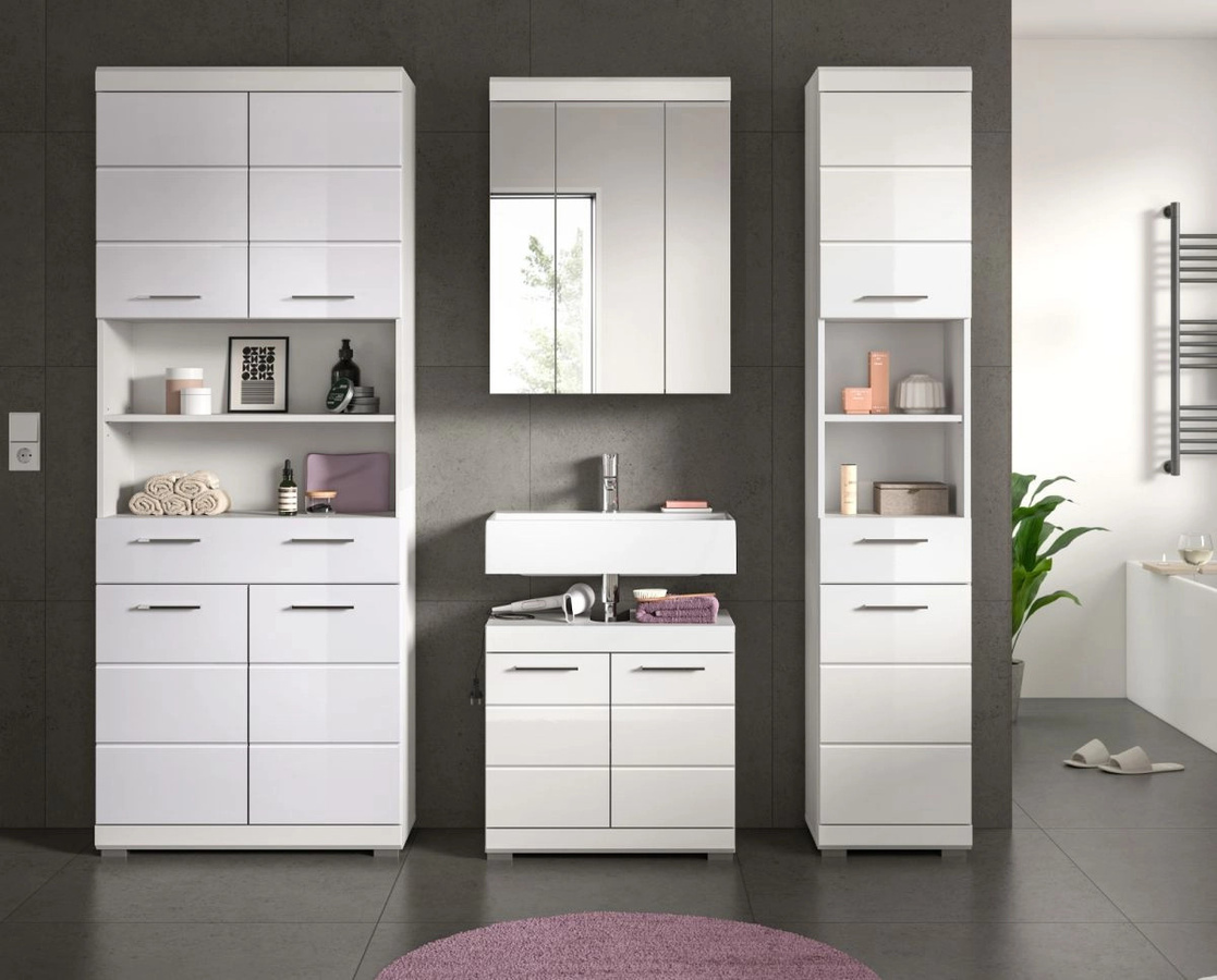 Inn.Furn Badmöbel Set Shawn 4-teilig in Weiß Hochglanz mit Waschtisch, Spiegelschrank und Hochschrank, Breite: 201 cm - Bild 2