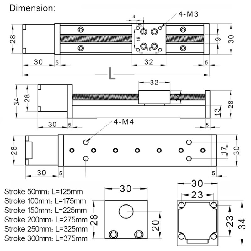 PFDE Mini-T-Typ Schiebetischschiene mit Nema11 28 mm Schrittmotor für XYZ-Achse und CNC-3D-Drucker, Farbe: Schwarz, Hub: 50–300 mm - Bild 5