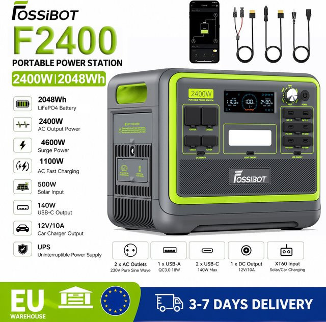 Fossibot Tragbare Powerstation 2400W 2048Wh LiFePO4 mit 3 x 230 V AC-Ausgängen und 4800W Spitzenleistung als Solargenerator und Stromspeicher für Camping und Outdoor-Reisen - Bild 1