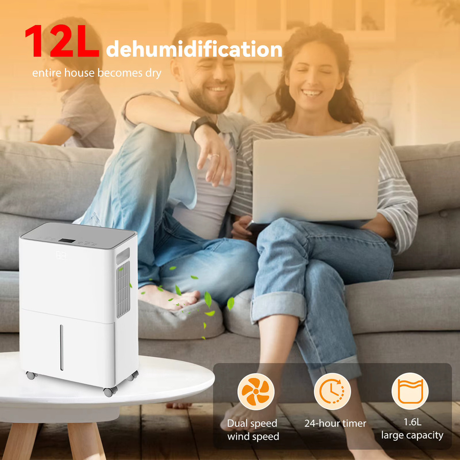 DWiusty Haushalts-Luftentfeuchter mit 12L Kapazität, 1,6L Wassertank, 125W, 24-Stunden-Timer, geräuscharm 42dB, Weiß - Bild 3