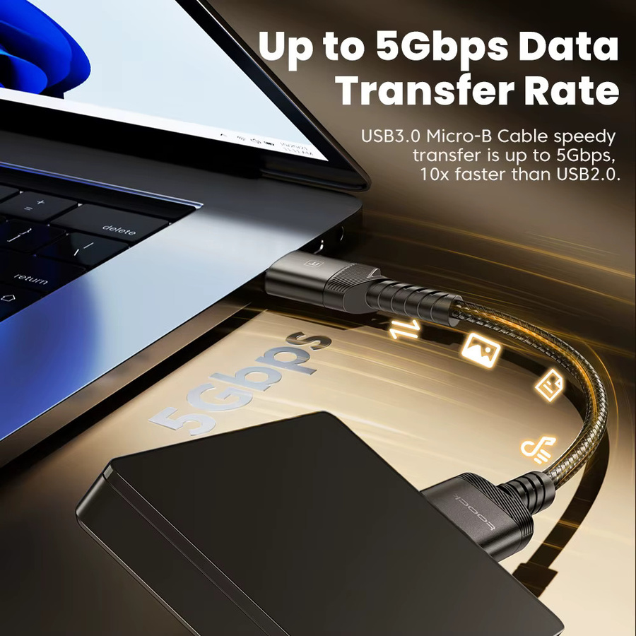 Toocki USB-C auf Micro-B Datenkabel in Schwarz, USB 3.0 mit 5 Gbit/s für Festplatten und Kameras - Bild 4