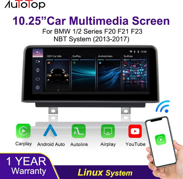AUTOTOP Wireless CarPlay und Android Auto Interface mit 10,25 Zoll Display für BMW 1er und 2er Serie F20 F21 F23 (2013-2017) mit NBT System, Youtube, Airplay und Mirroring, Schwarz - Bild 1