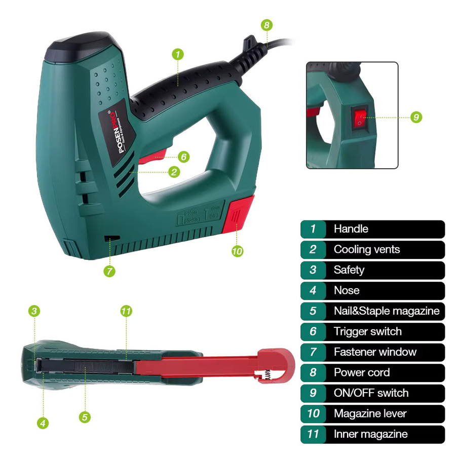 POSENPRO Elektrischer Tacker und Nagelpistole 45W in Grün inklusive 500 Nägel für DIY-Polsterarbeiten und Holzbearbeitung - Bild 5