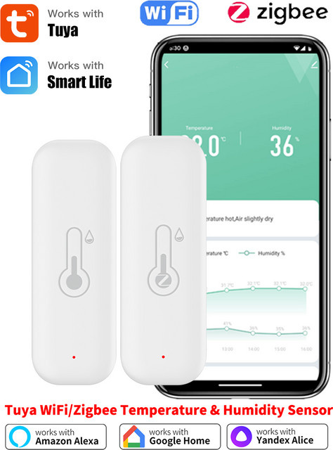 Tuya Smart Home Zigbee WiFi Temperatur und Feuchtigkeitssensor mit App-Steuerung und Alexa Unterstützung in Weiß - Bild 1