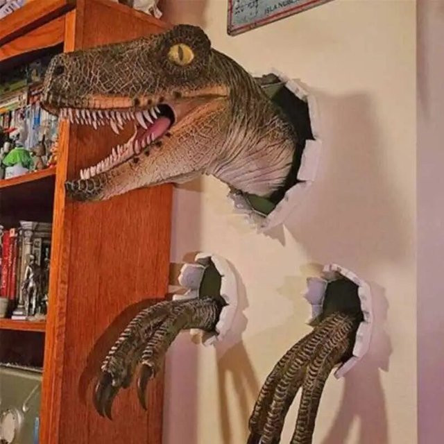 3er Set Velociraptor Wanddekoration als 3D Dinosaurier Wandstatue aus Kunststoff - Bild 1
